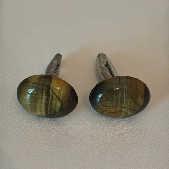 Vintage Tiger's Eye cufflinks silver Tone Brown Accents men's French cuffs - Picture 4 of 9
